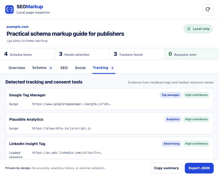 Tracking panel listing Google Tag Manager, Plausible, and LinkedIn evidence
